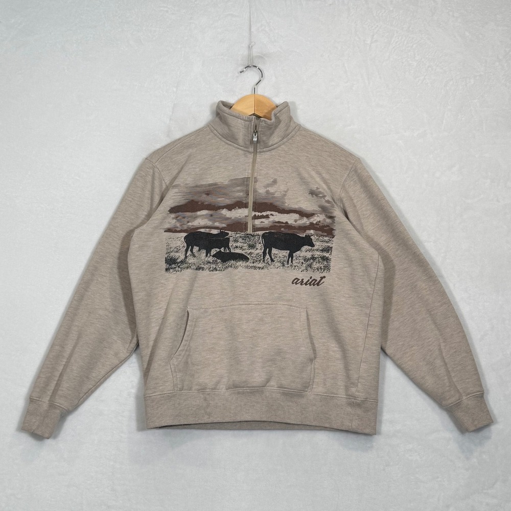 Ariat Oatmeal Real Cattle Graphic Quarter Zip Sweatshirt Medium